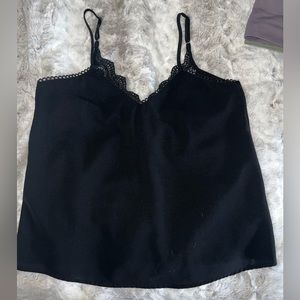 Black v tank top blouse, lace back, scalloped front